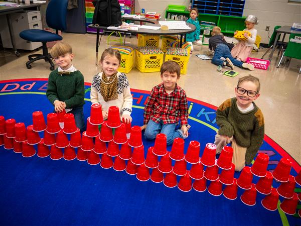 Students participating in 100th day of school activities. 